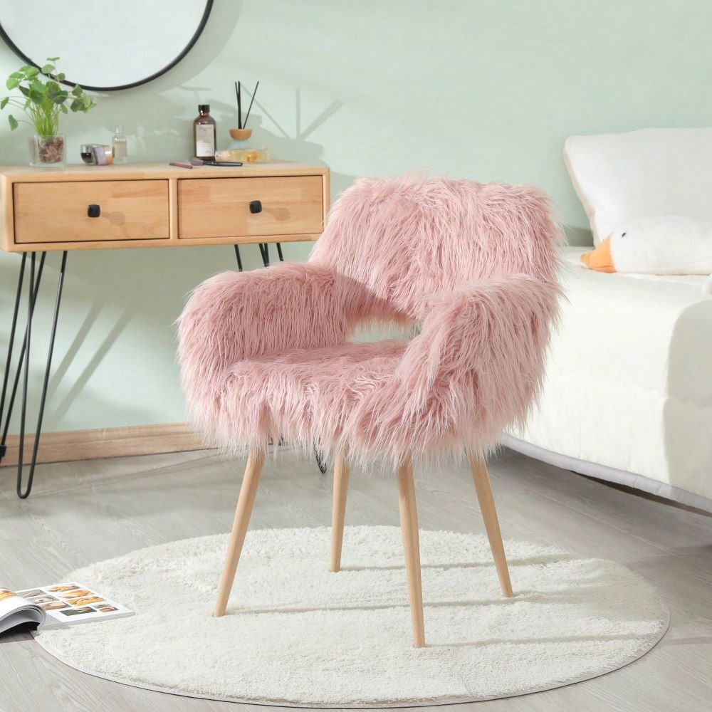 Faux Fur Upholstered Make Up Chair Side Dining Chair With Metal Leg