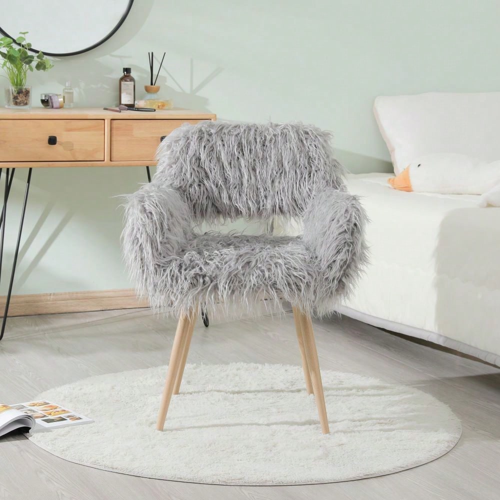 Faux Fur Upholstered Make Up Chair Side Dining Chair With Metal Leg