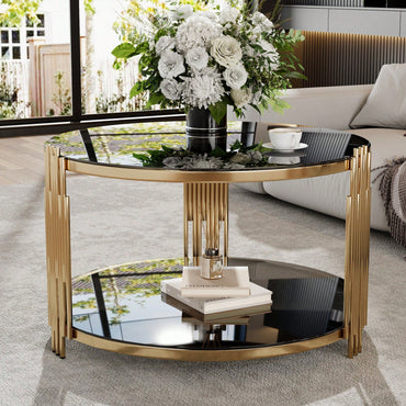 Asymmetrical Black Mirror Coffee Table With Circular Metal Drum Base & Lower Shelf