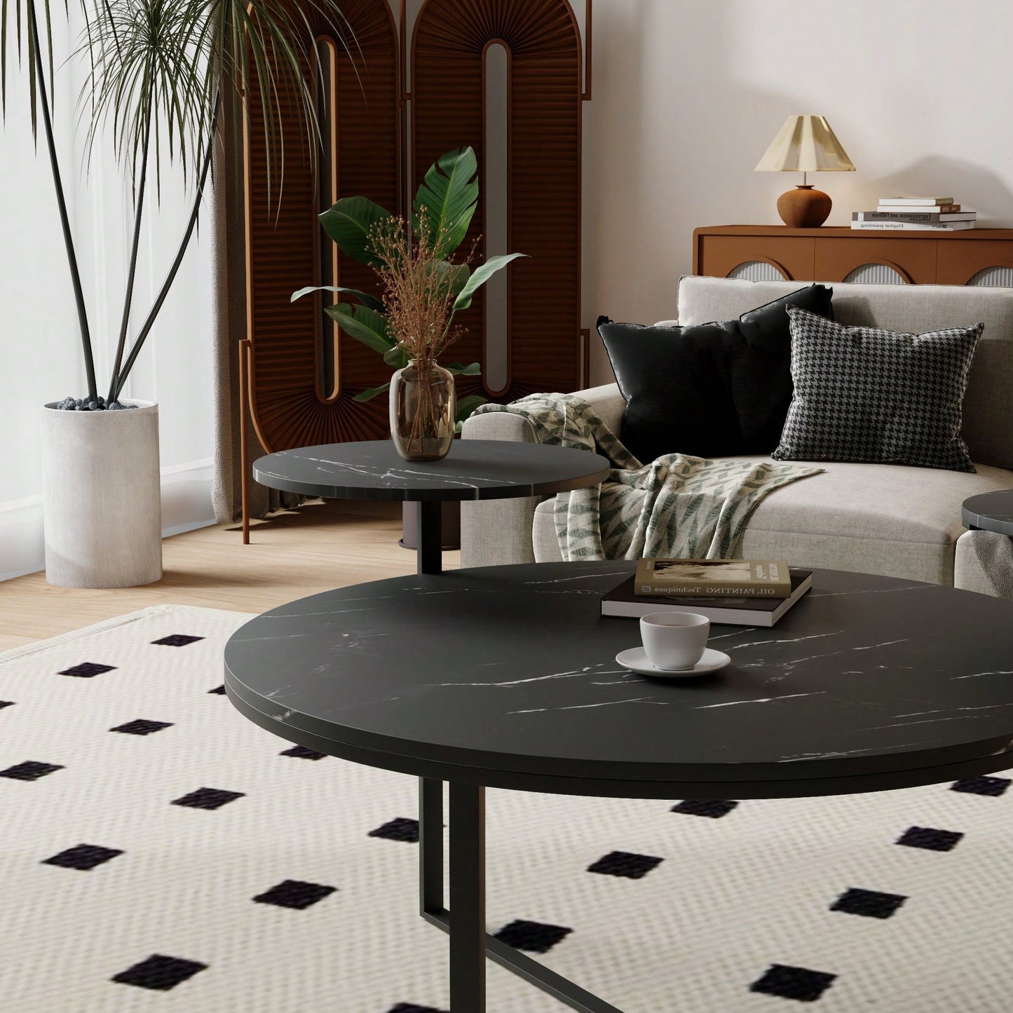 Two-Tier Modern Coffee Table With Faux Marble Surfaces, Tripod-Inspired Base