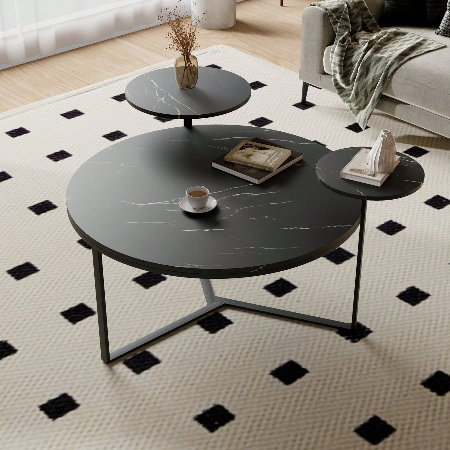 Two-Tier Modern Coffee Table With Faux Marble Surfaces, Tripod-Inspired Base