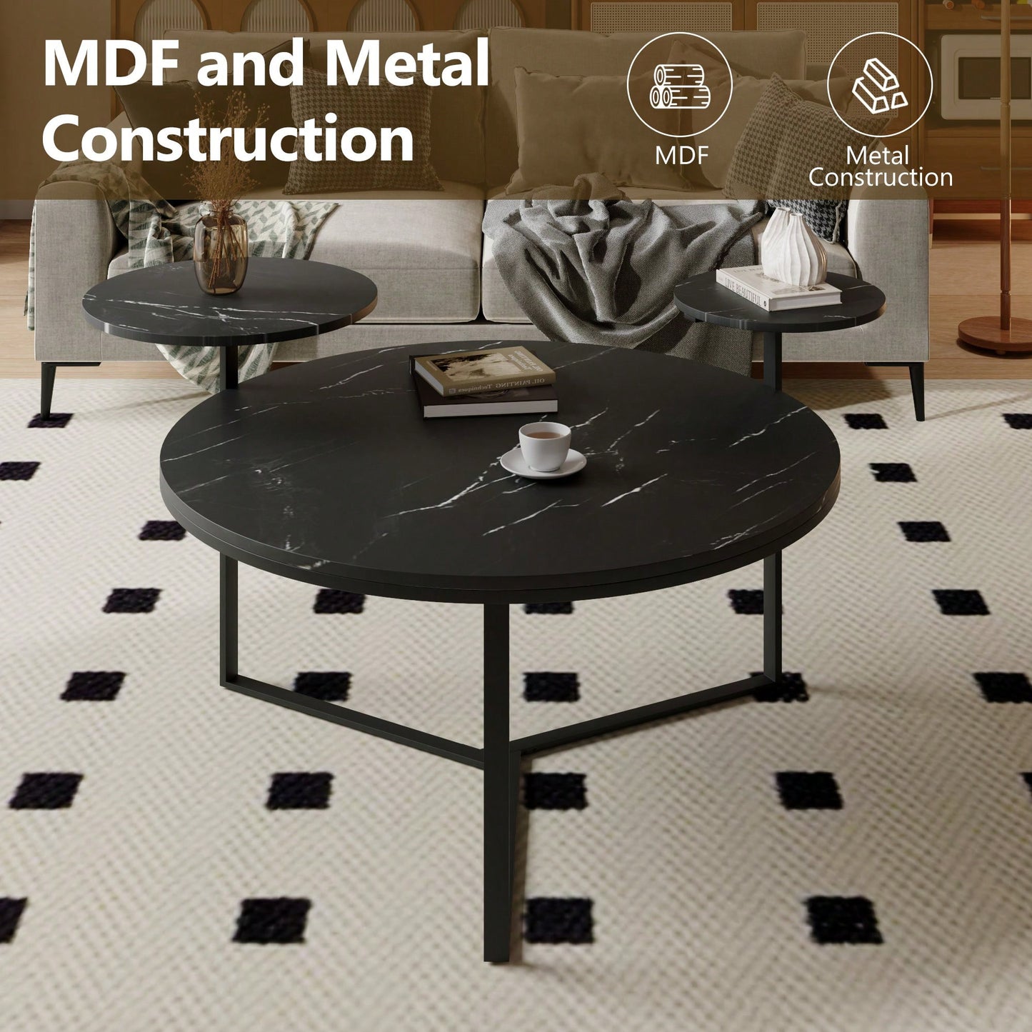 Two-Tier Modern Coffee Table With Faux Marble Surfaces, Tripod-Inspired Base