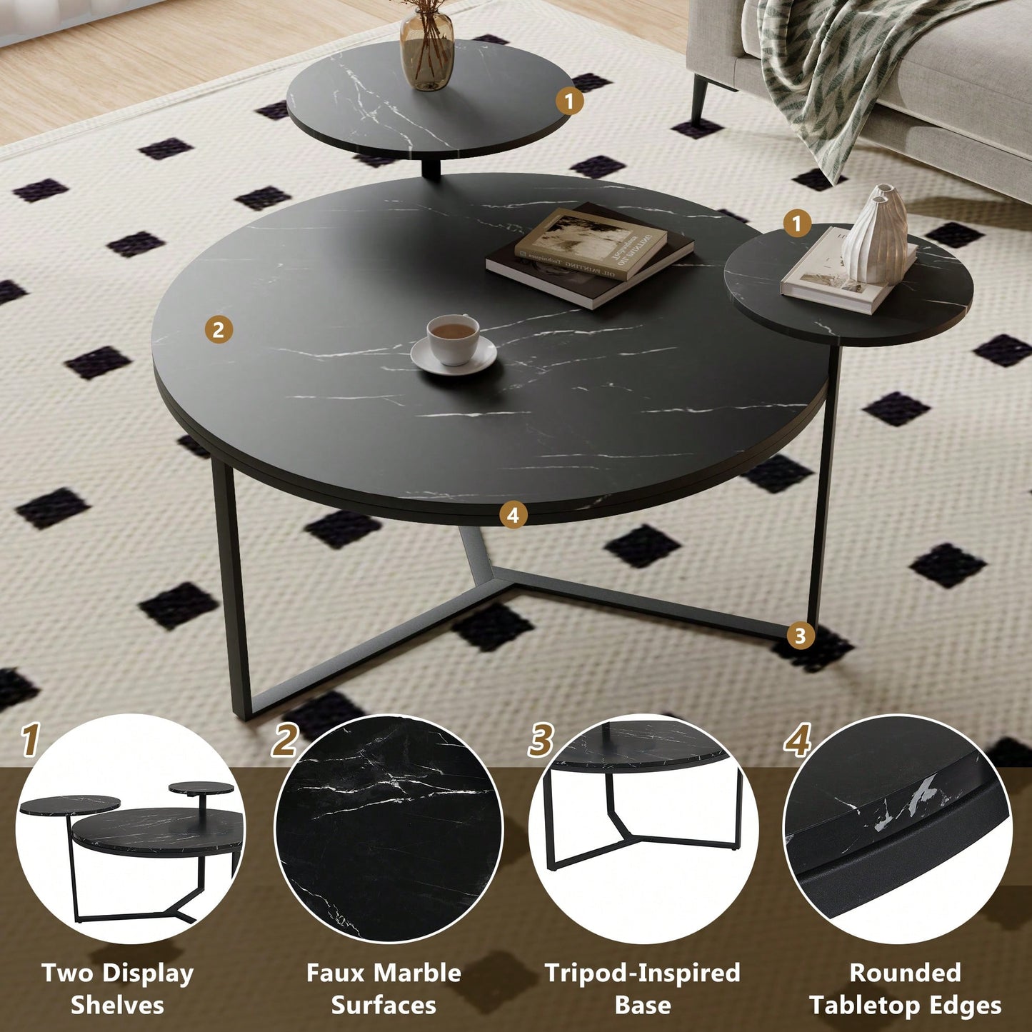 Two-Tier Modern Coffee Table With Faux Marble Surfaces, Tripod-Inspired Base