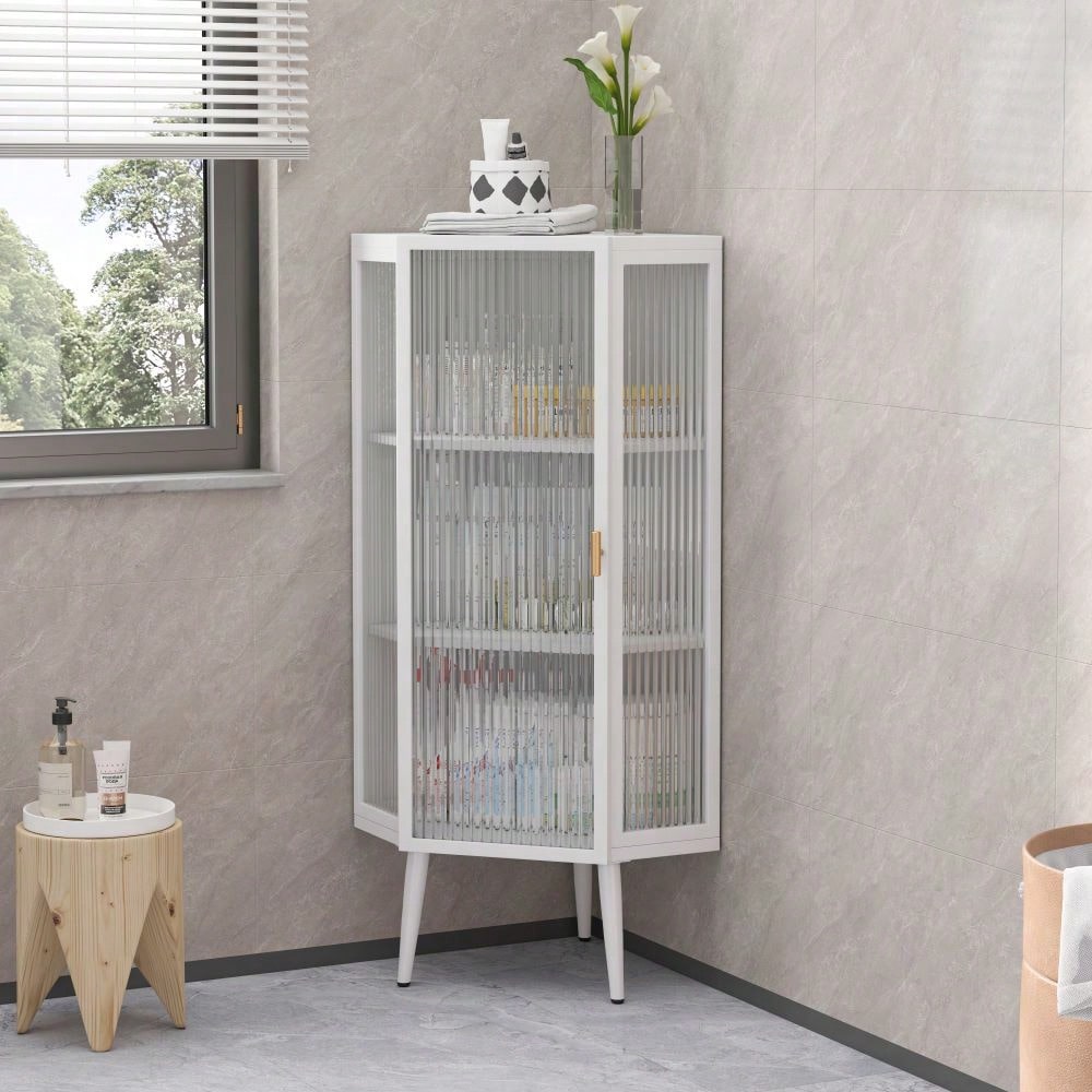 22 Inch Corner Floor Cabinet with Glass Doors 3-Tier Storage for Bathroom Living Room Bedroom Space-Saving Easy Assembly