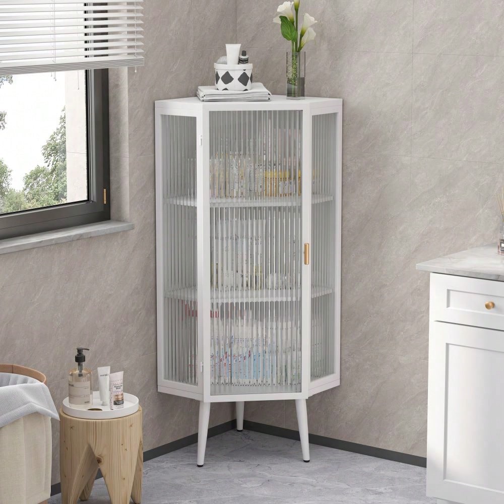 22 Inch Corner Floor Cabinet with Glass Doors 3-Tier Storage for Bathroom Living Room Bedroom Space-Saving Easy Assembly