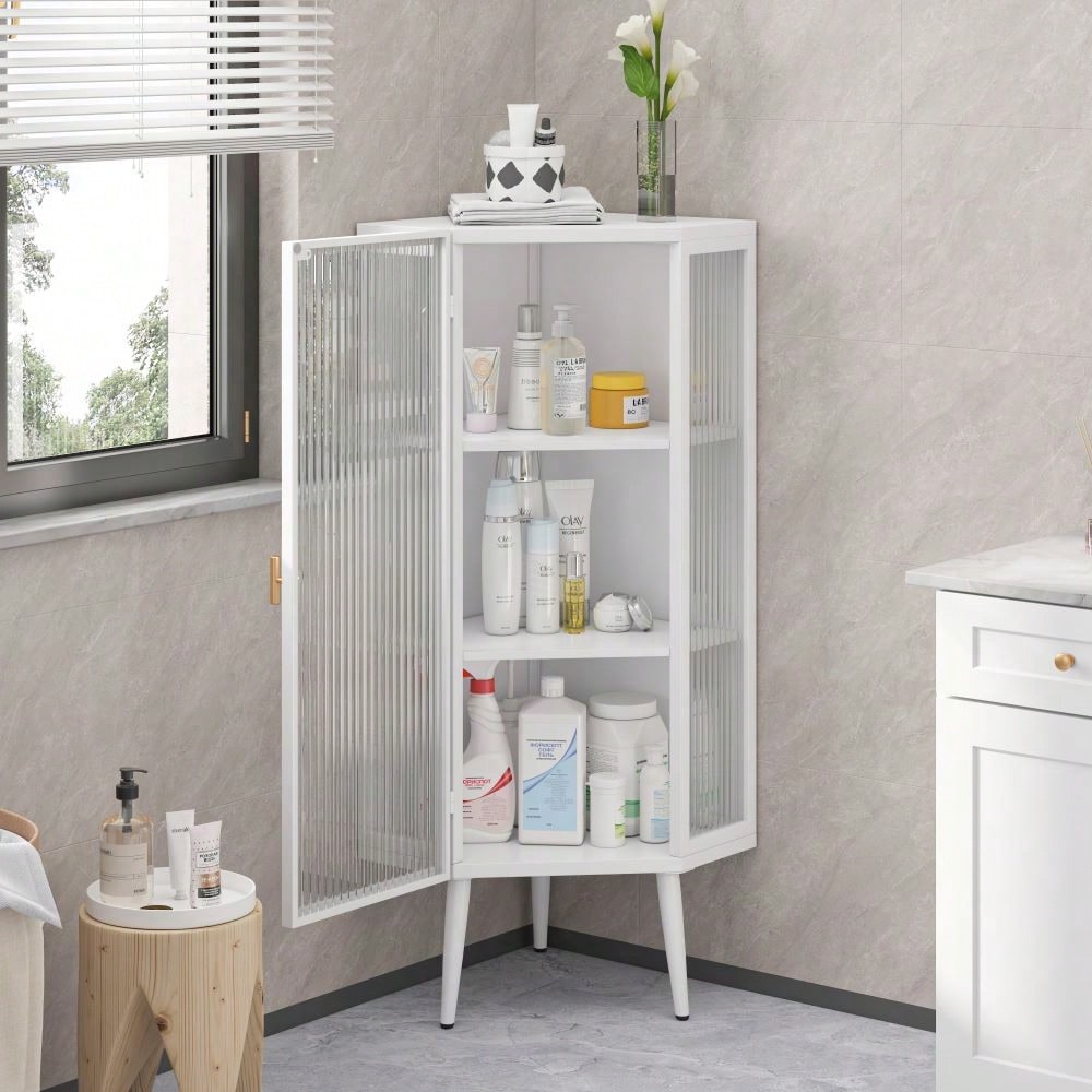 22 Inch Corner Floor Cabinet with Glass Doors 3-Tier Storage for Bathroom Living Room Bedroom Space-Saving Easy Assembly
