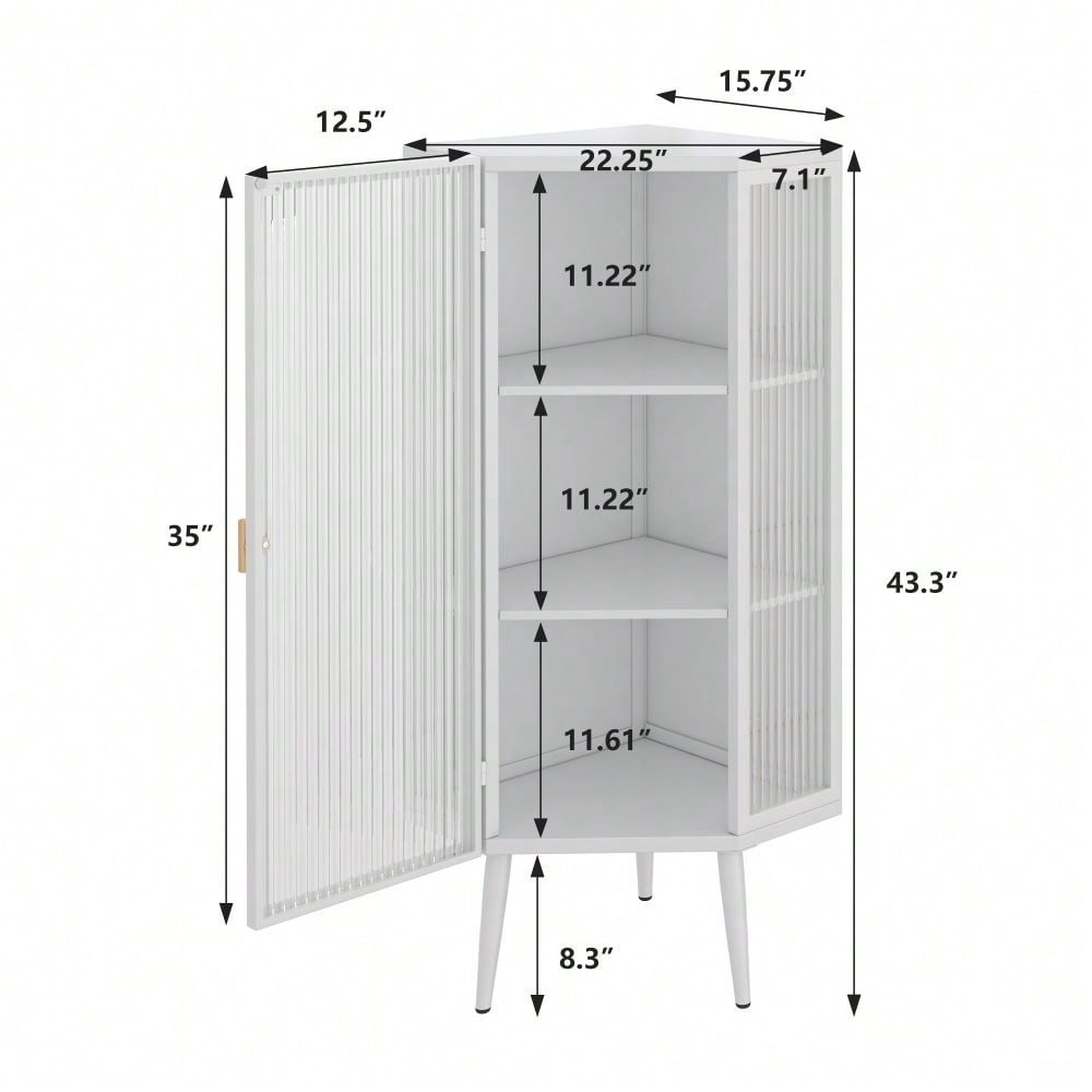 22 Inch Corner Floor Cabinet with Glass Doors 3-Tier Storage for Bathroom Living Room Bedroom Space-Saving Easy Assembly