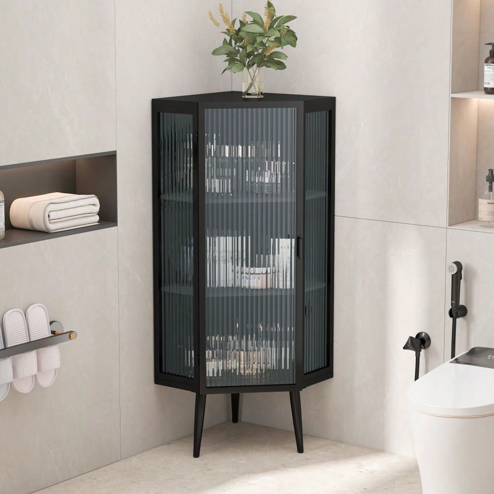 22 Inch Corner Floor Cabinet with Glass Doors 3-Tier Storage for Bathroom Living Room Bedroom Space-Saving Easy Assembly