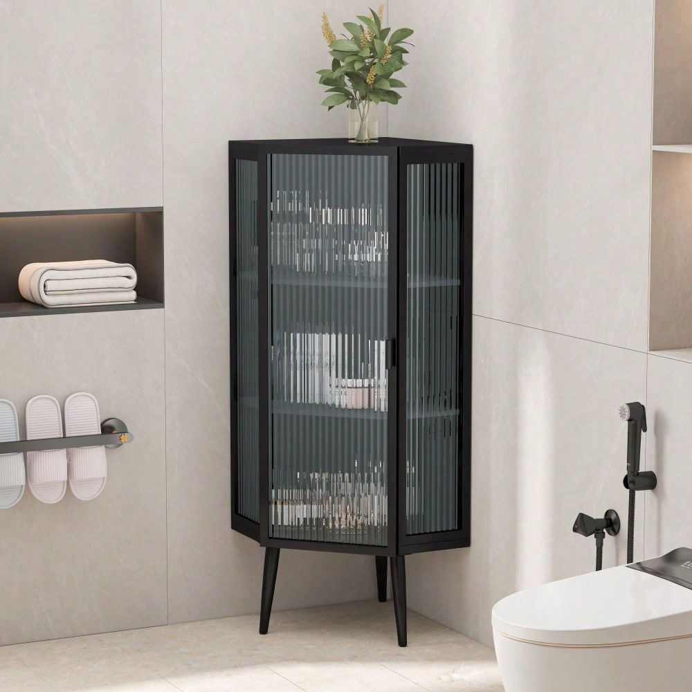 22 Inch Corner Floor Cabinet with Glass Doors 3-Tier Storage for Bathroom Living Room Bedroom Space-Saving Easy Assembly