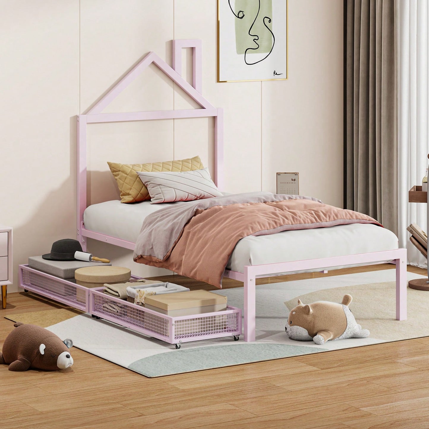 Twin Metal Platform Bed With 2 Drawers, House-Shaped Headboard Design