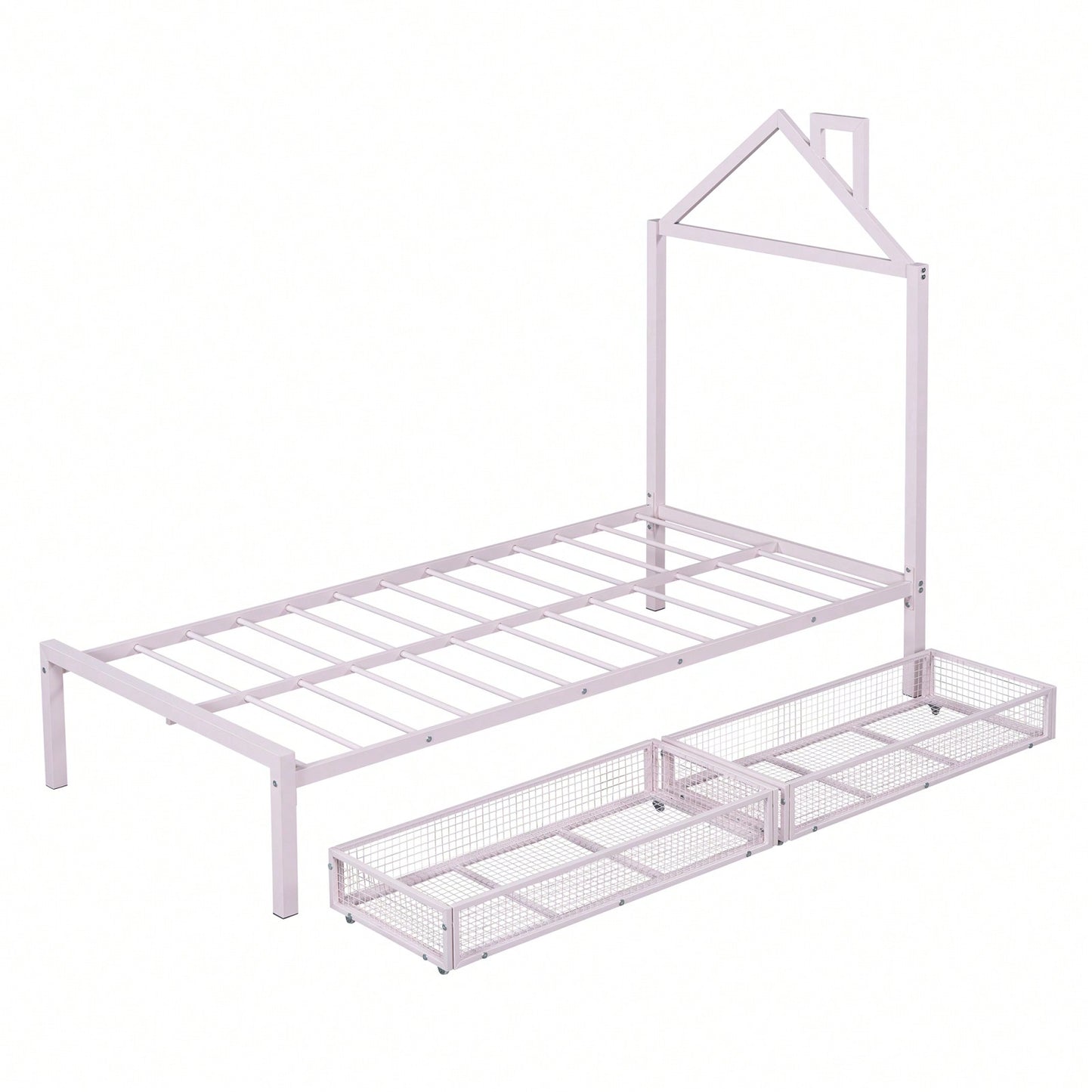 Twin Metal Platform Bed With 2 Drawers, House-Shaped Headboard Design