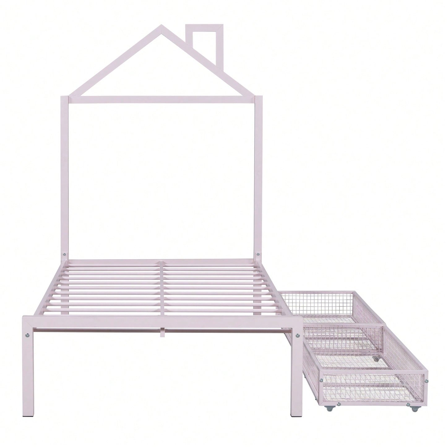 Twin Metal Platform Bed With 2 Drawers, House-Shaped Headboard Design