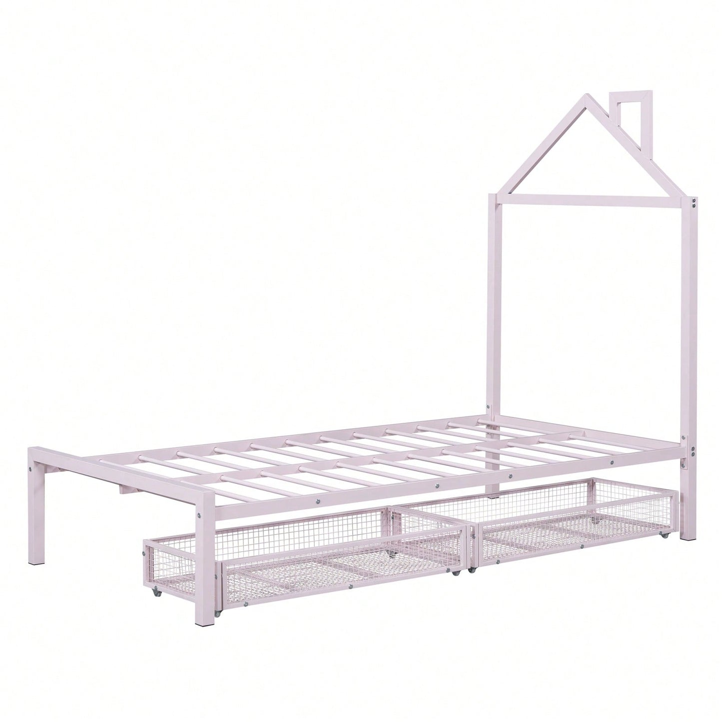 Twin Metal Platform Bed With 2 Drawers, House-Shaped Headboard Design