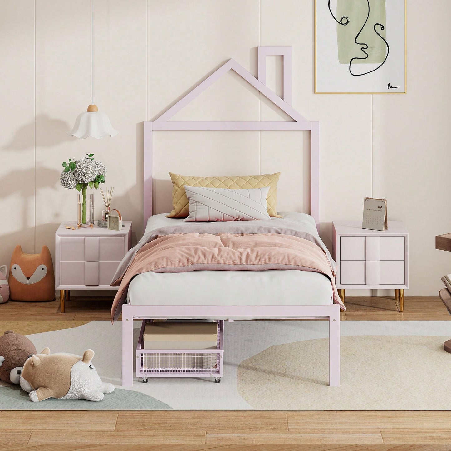 Twin Metal Platform Bed With 2 Drawers, House-Shaped Headboard Design
