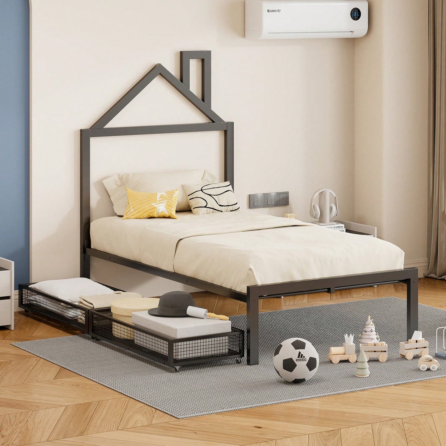 Twin Metal Platform Bed With 2 Drawers, House-Shaped Headboard Design
