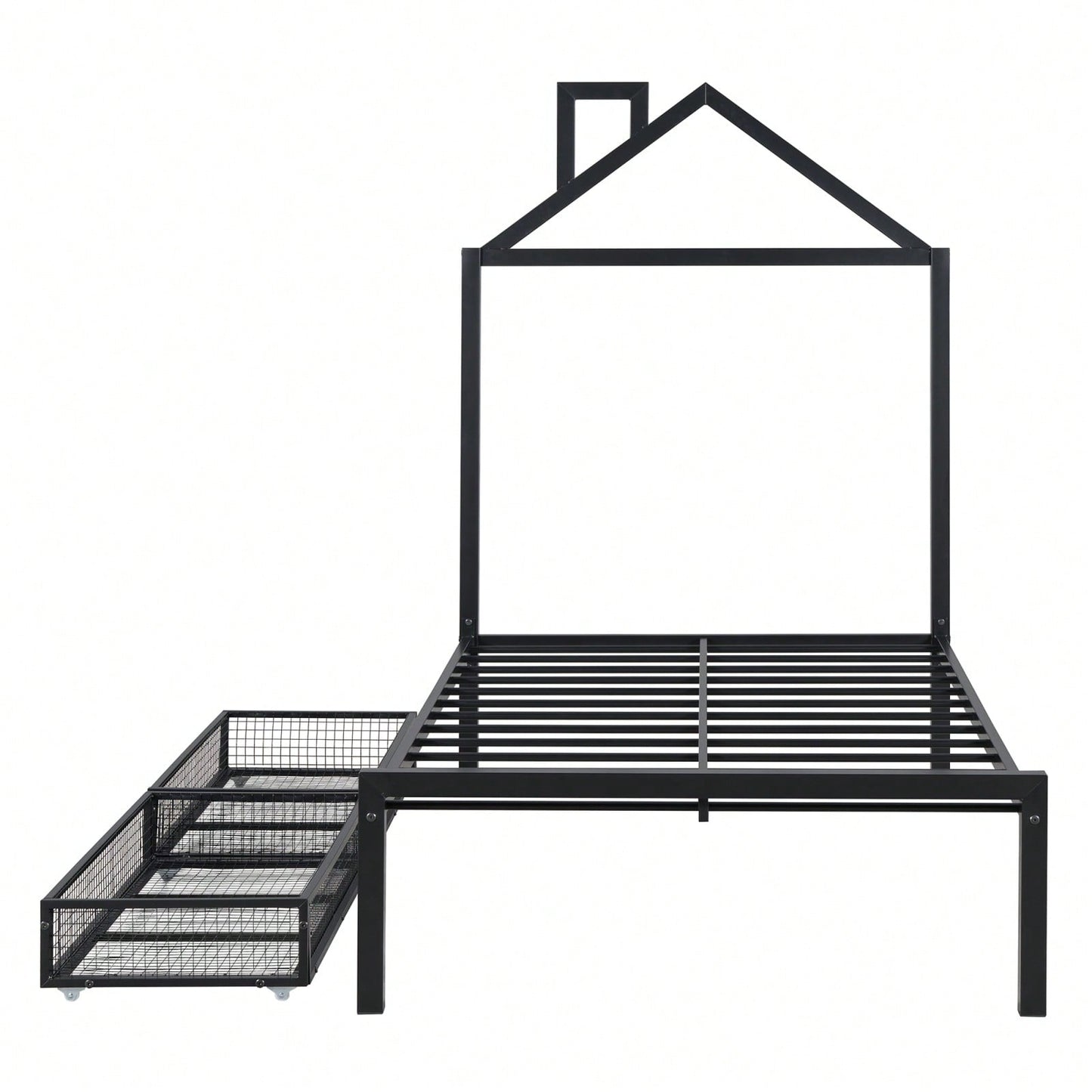Twin Metal Platform Bed With 2 Drawers, House-Shaped Headboard Design