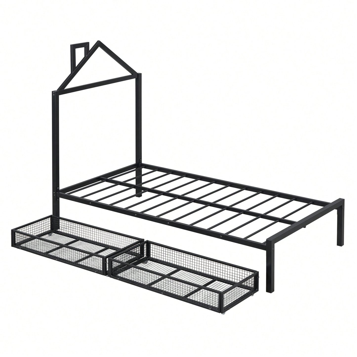 Twin Metal Platform Bed With 2 Drawers, House-Shaped Headboard Design