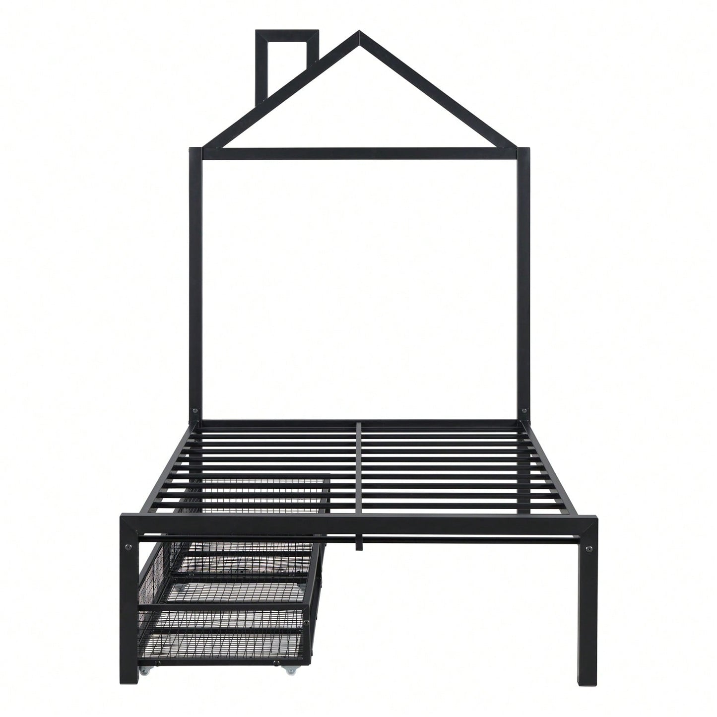 Twin Metal Platform Bed With 2 Drawers, House-Shaped Headboard Design