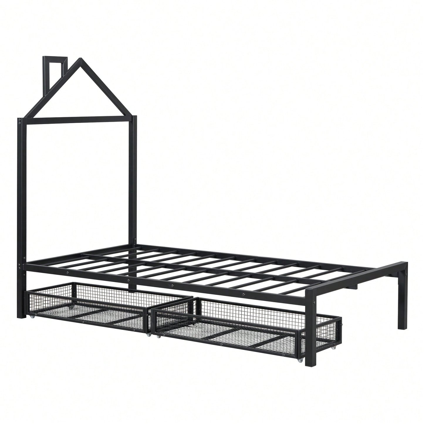 Twin Metal Platform Bed With 2 Drawers, House-Shaped Headboard Design
