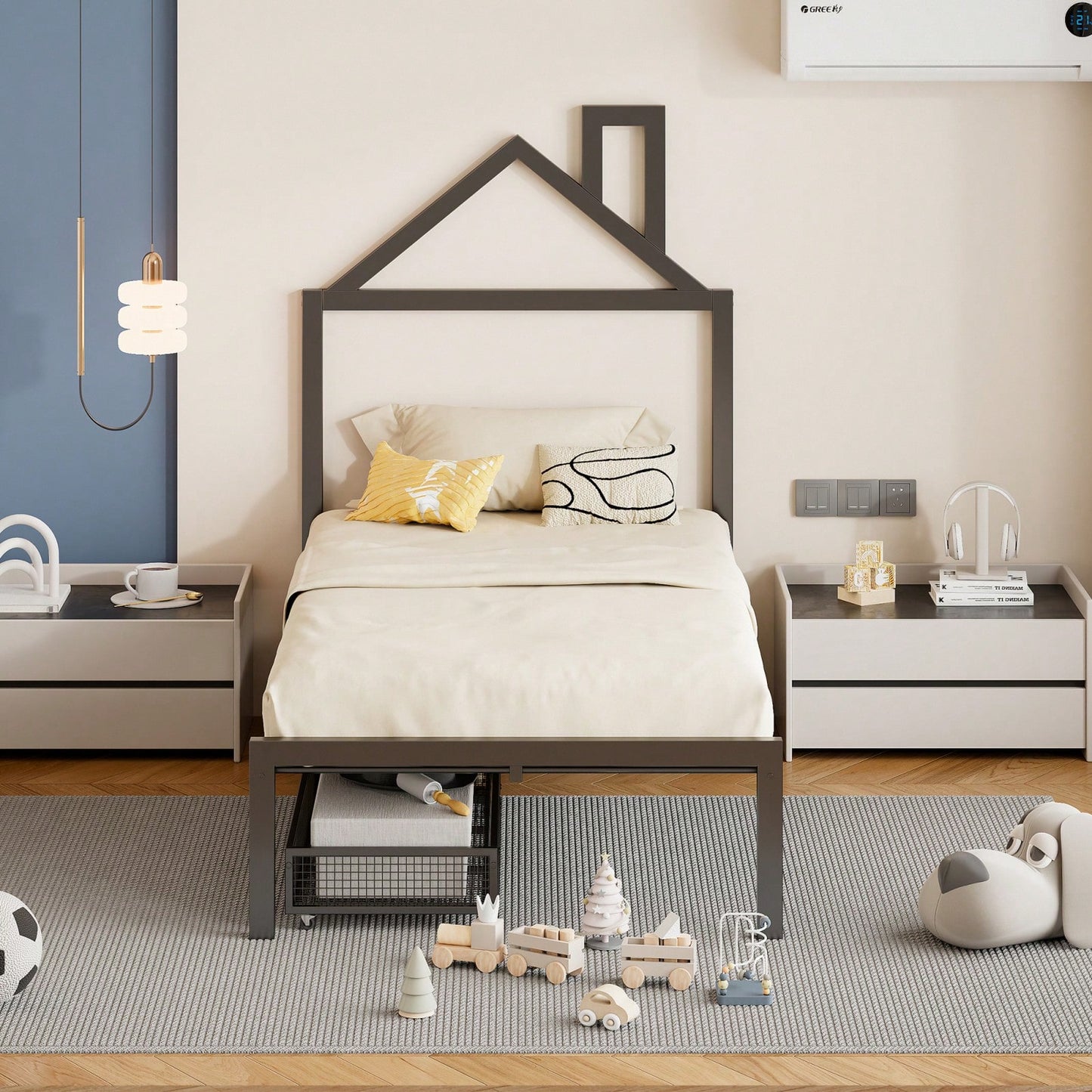 Twin Metal Platform Bed With 2 Drawers, House-Shaped Headboard Design
