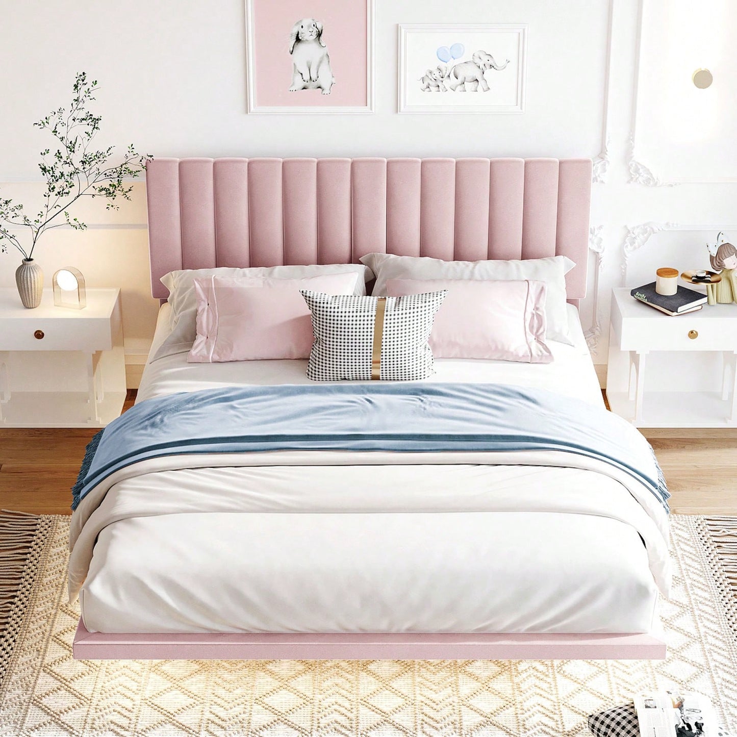 Queen Size Upholstered Platform Bed With Sensor Light And Headboard, Floating Velvet Platform Bed
