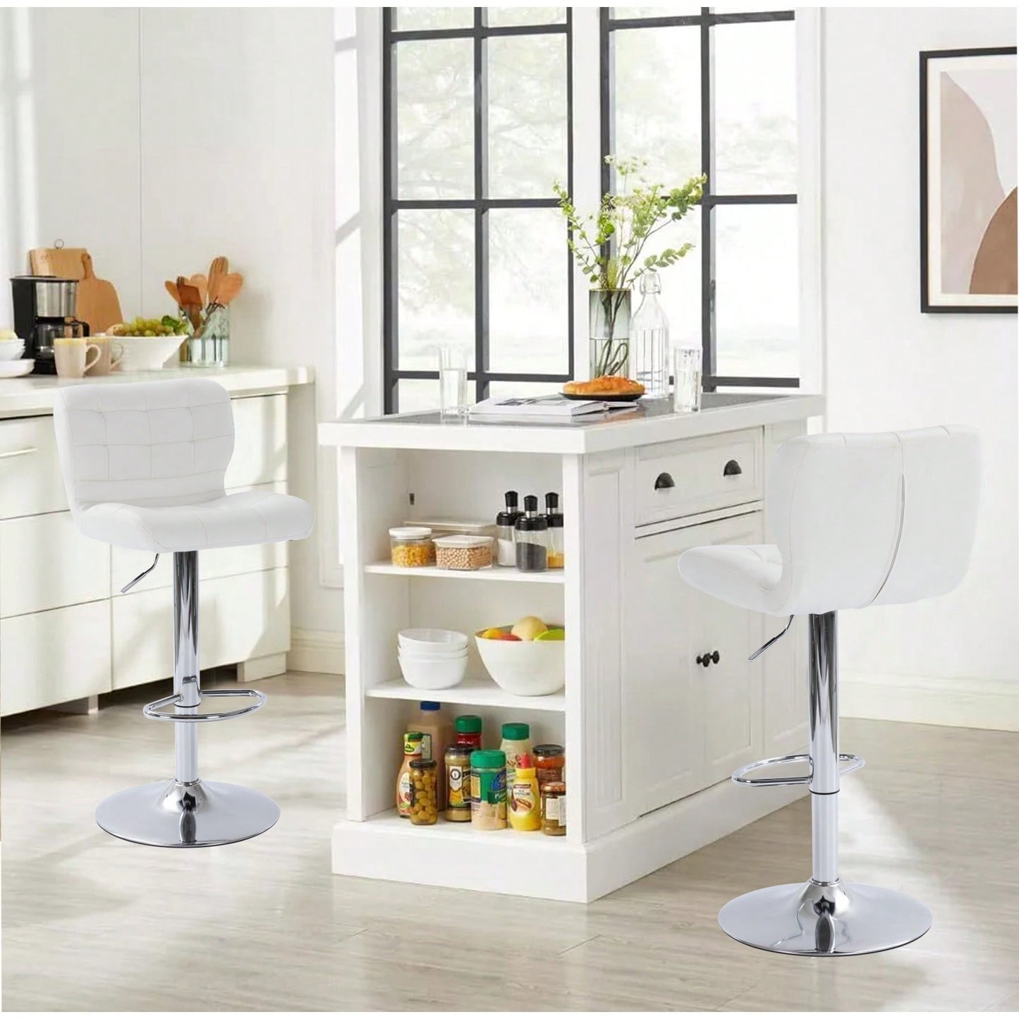 Set Of 2 Tufted Wingback Barstools - Adjustable Height Swivel Counter Stools For Kitchen Island, 360° Rotation, Faux Leather