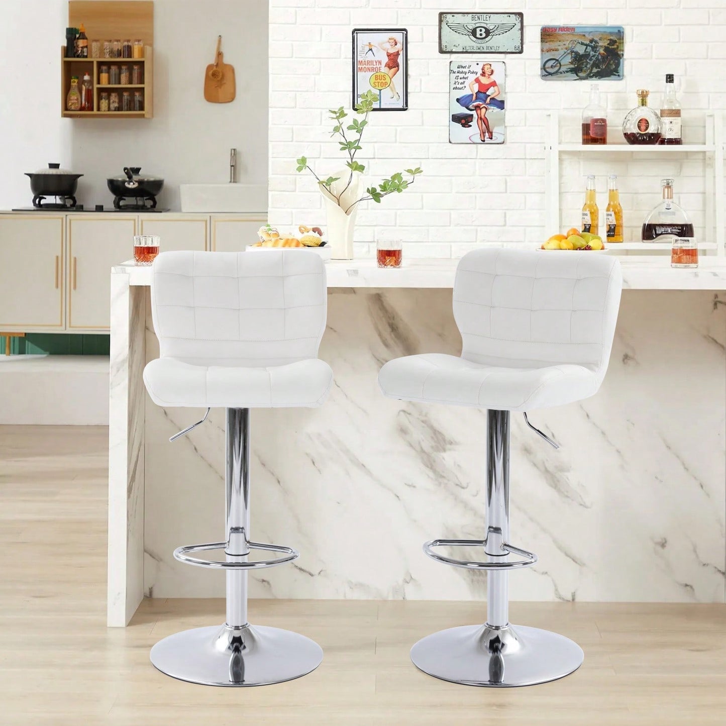 Set Of 2 Tufted Wingback Barstools - Adjustable Height Swivel Counter Stools For Kitchen Island, 360° Rotation, Faux Leather