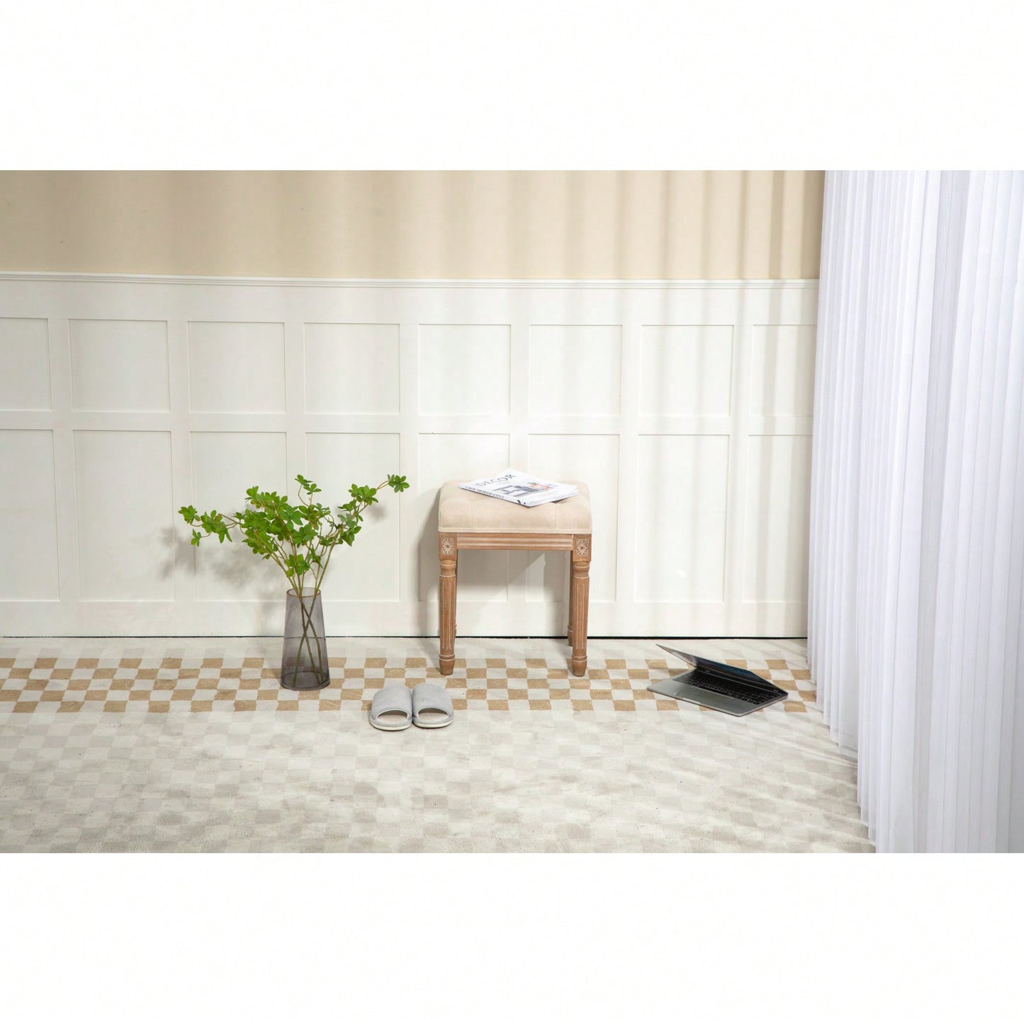 Square Upholstered Rustic Ottoman Bench, Small Padded Bench, Vanity Stools For Bedroom