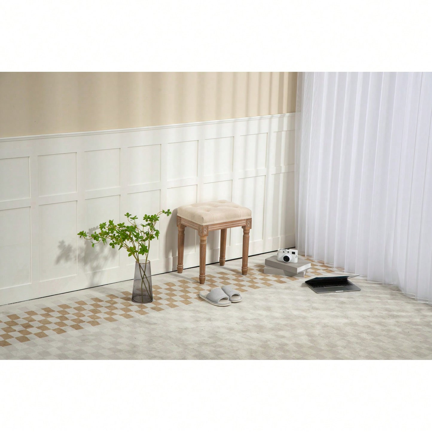 Square Upholstered Rustic Ottoman Bench, Small Padded Bench, Vanity Stools For Bedroom