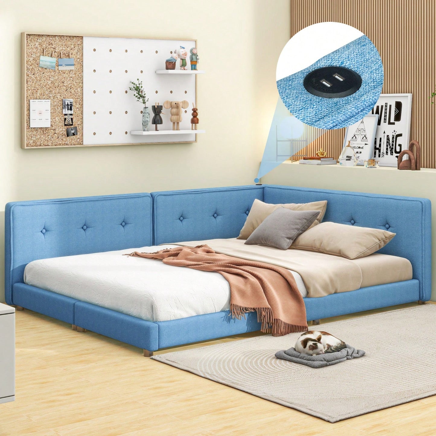 Upholstered Full Size Platform Bed With USB Ports And LED Belt