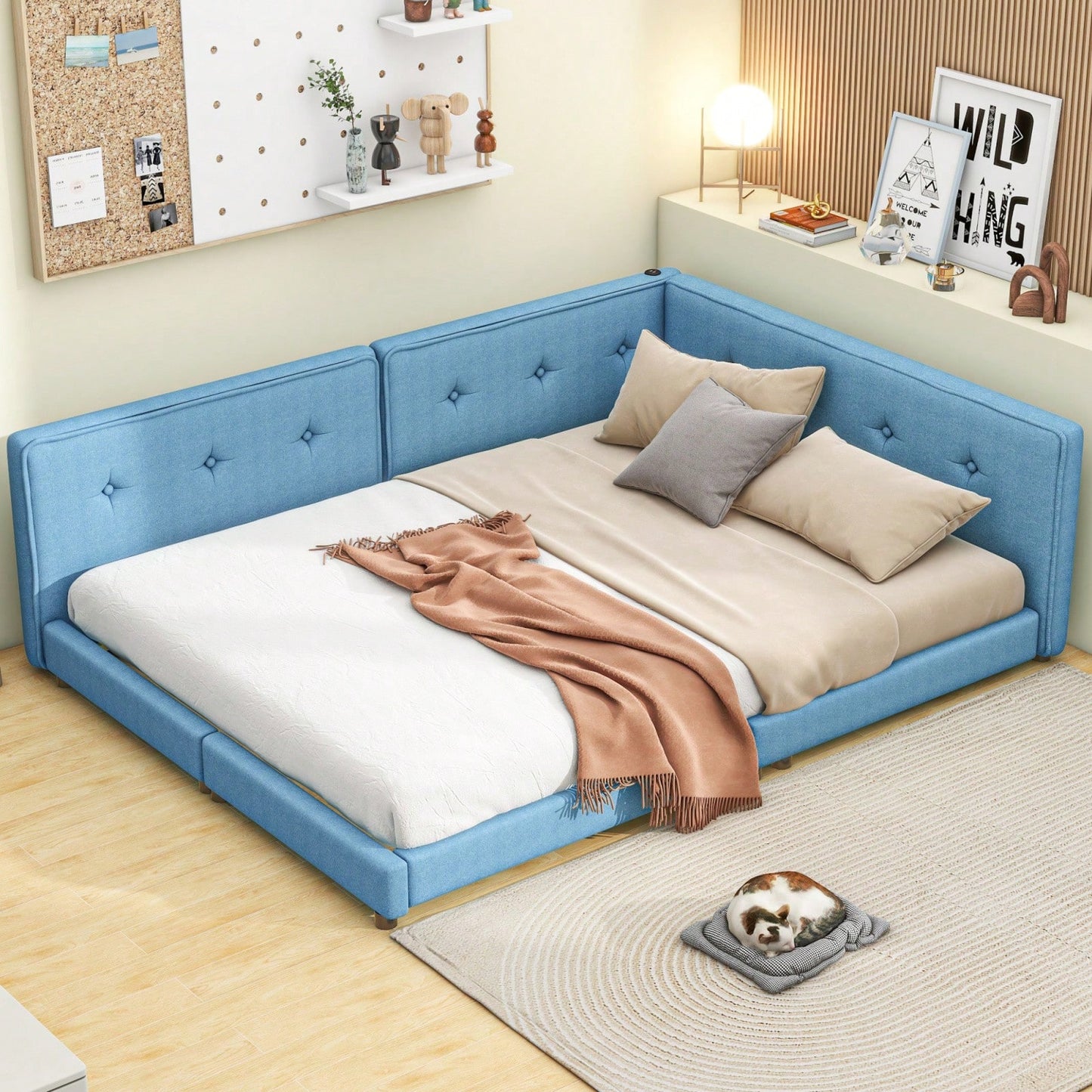Upholstered Full Size Platform Bed With USB Ports And LED Belt