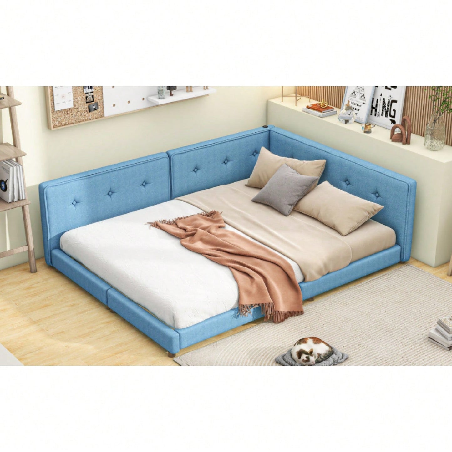 Upholstered Full Size Platform Bed With USB Ports And LED Belt