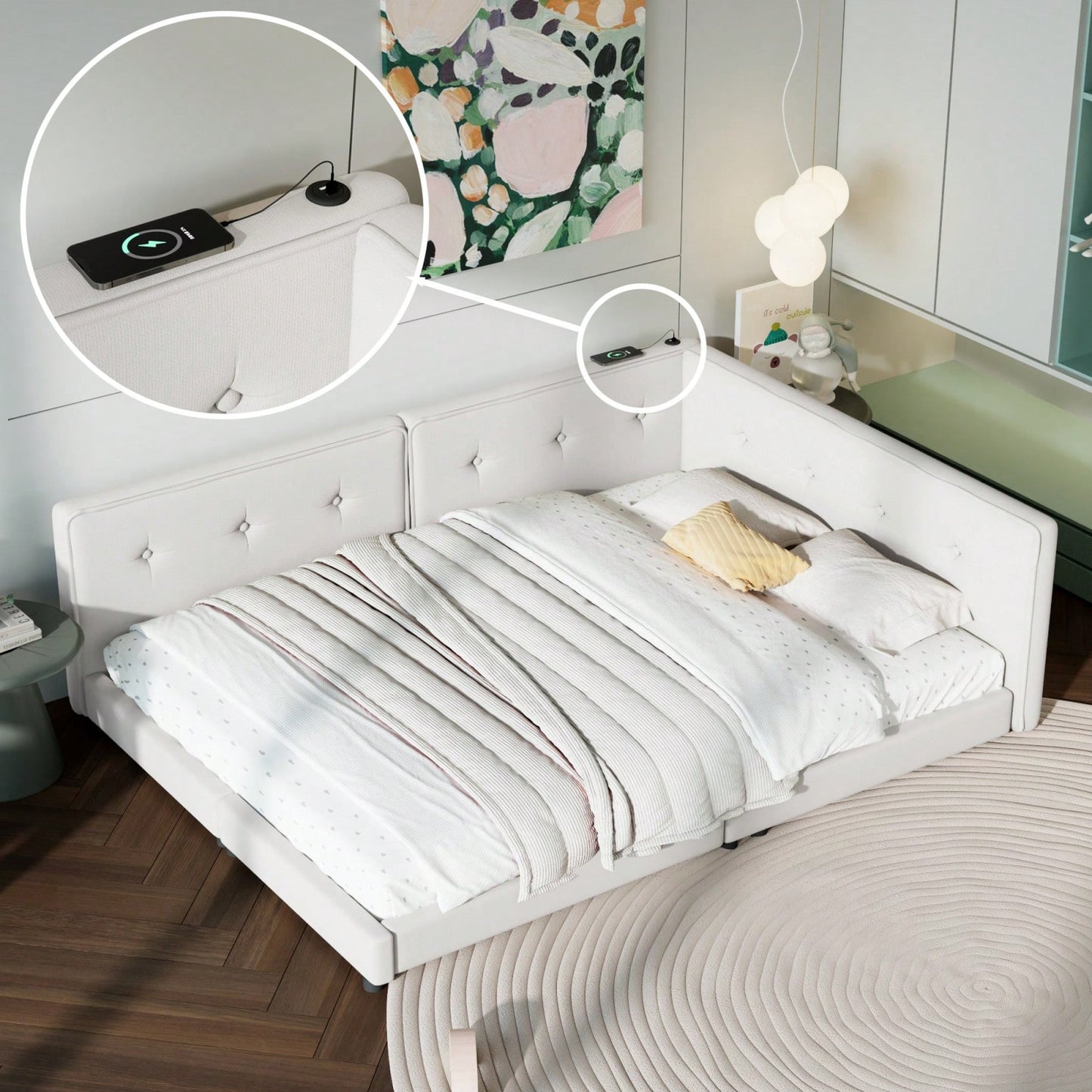 Upholstered Full Size Platform Bed With USB Ports And LED Belt