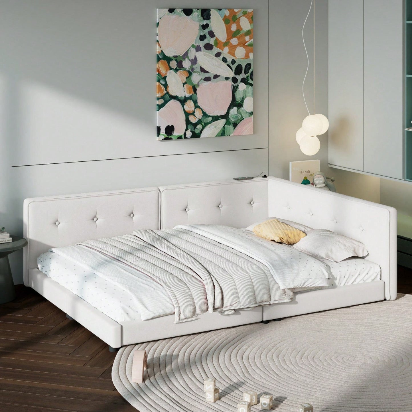 Upholstered Full Size Platform Bed With USB Ports And LED Belt