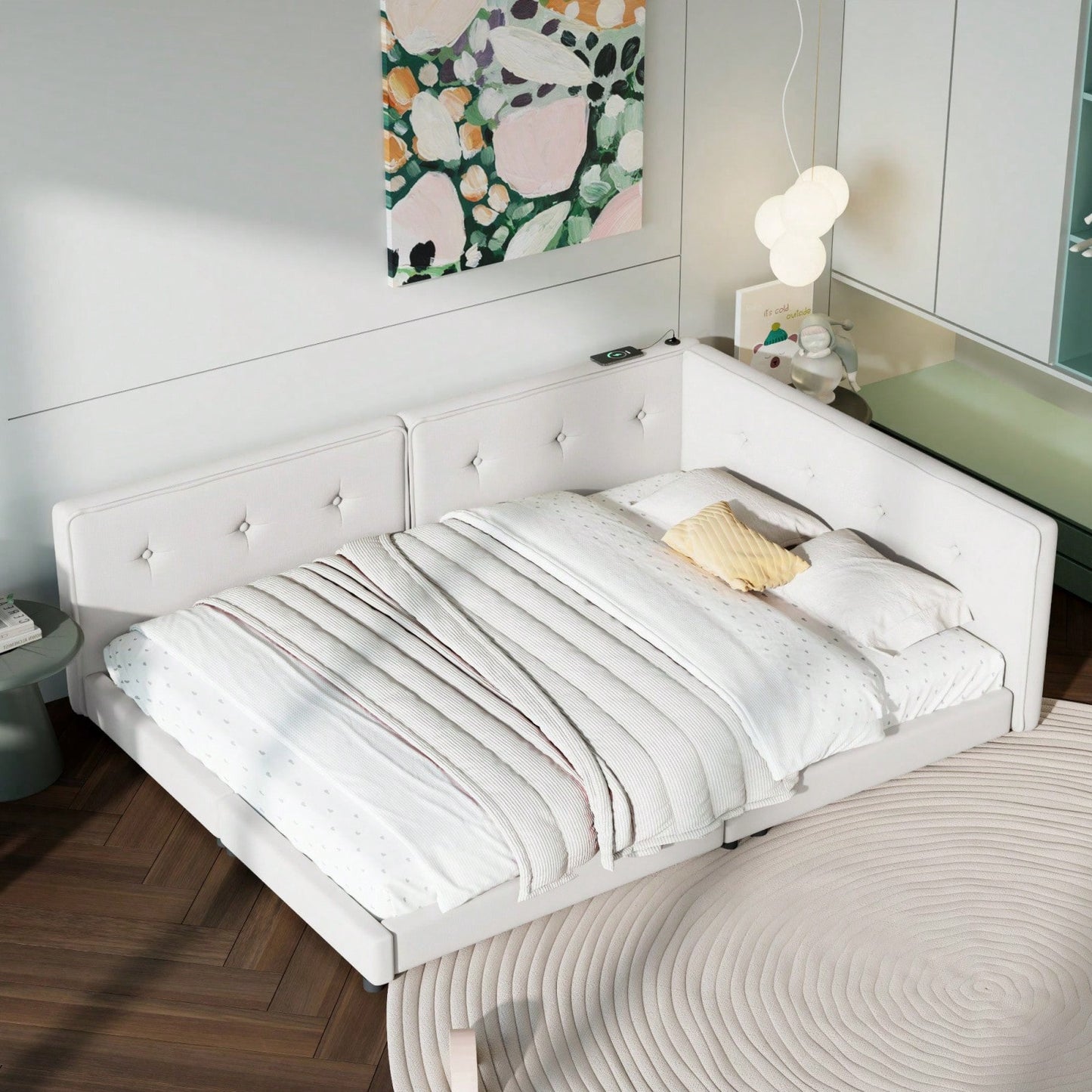 Upholstered Full Size Platform Bed With USB Ports And LED Belt
