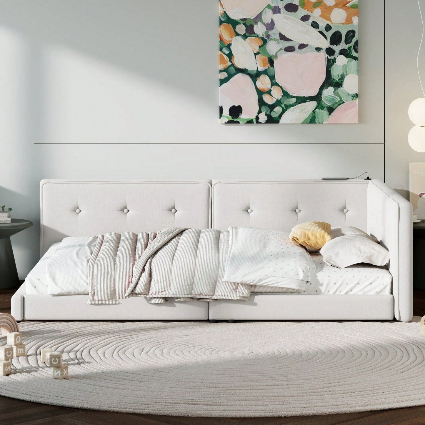 Upholstered Full Size Platform Bed With USB Ports And LED Belt
