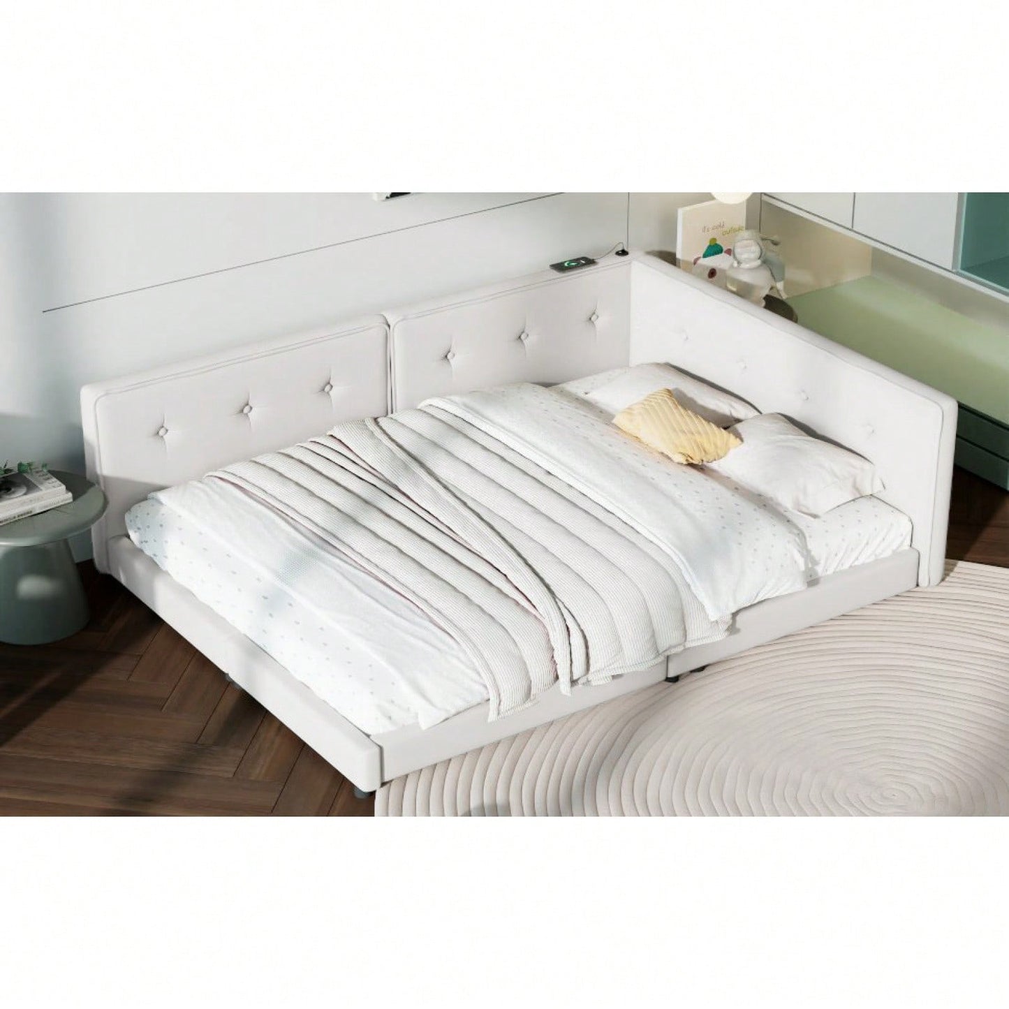 Upholstered Full Size Platform Bed With USB Ports And LED Belt