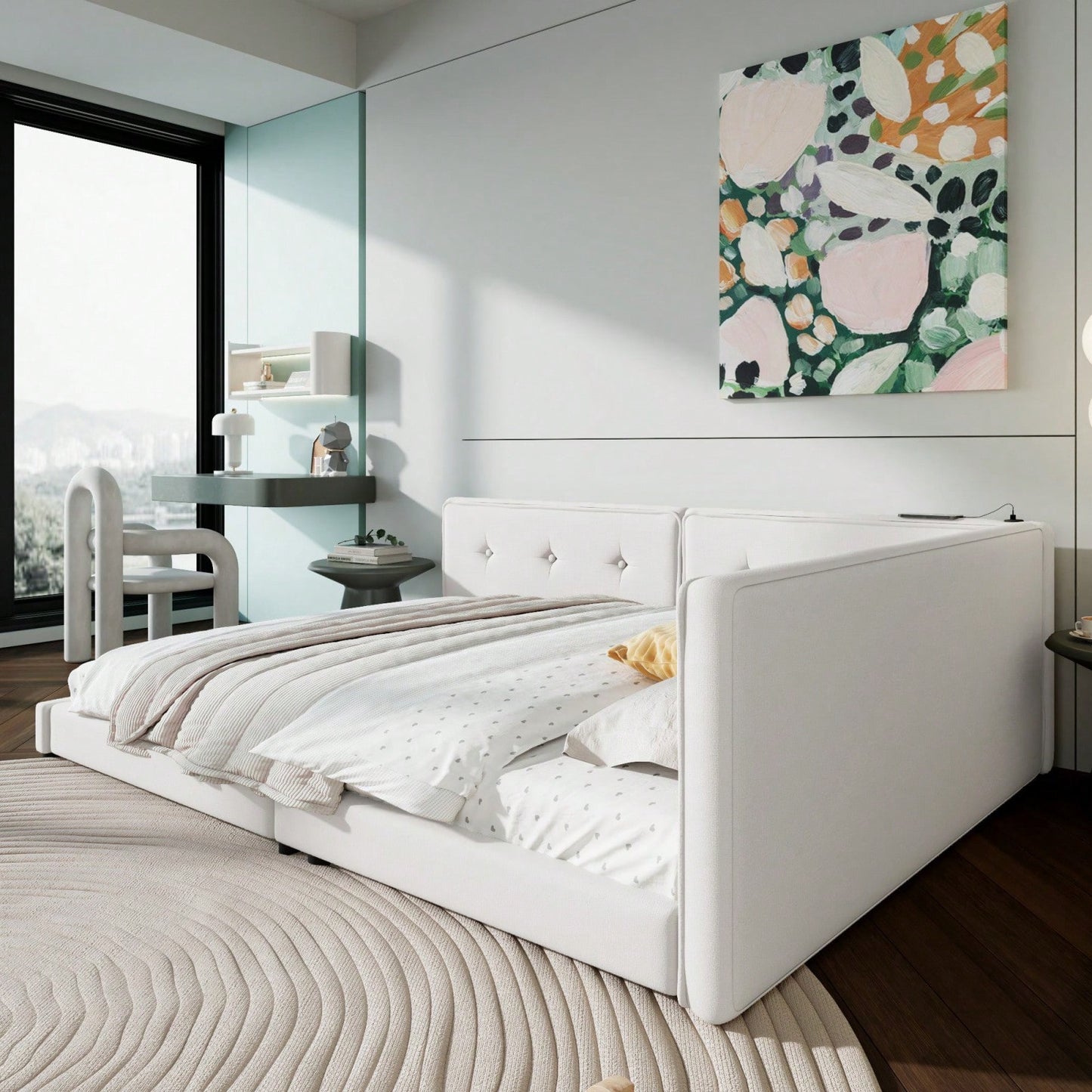 Upholstered Full Size Platform Bed With USB Ports And LED Belt