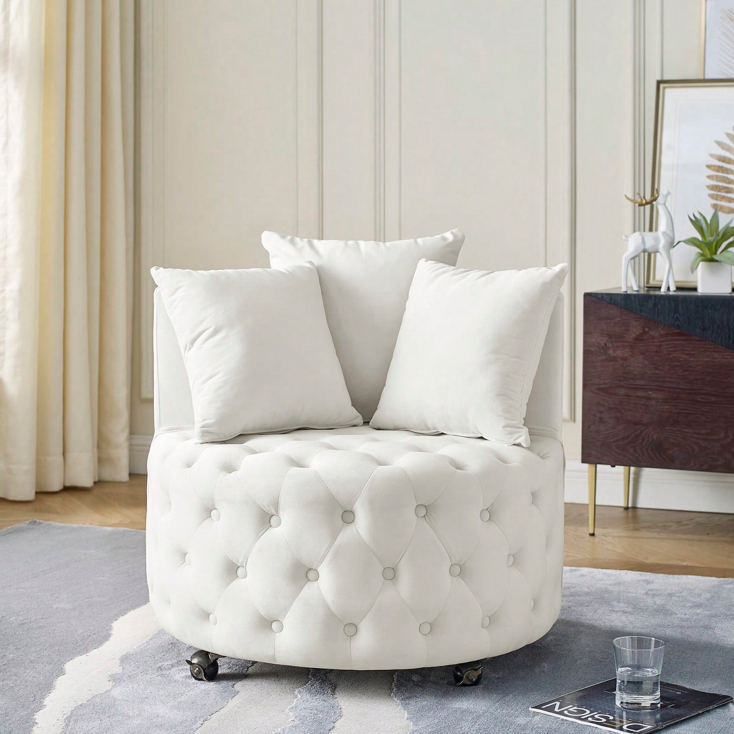 Modern Velvet Upholstered Swivel Chair With Button Tufted Design And Movable Wheels, Including 3 Pillows