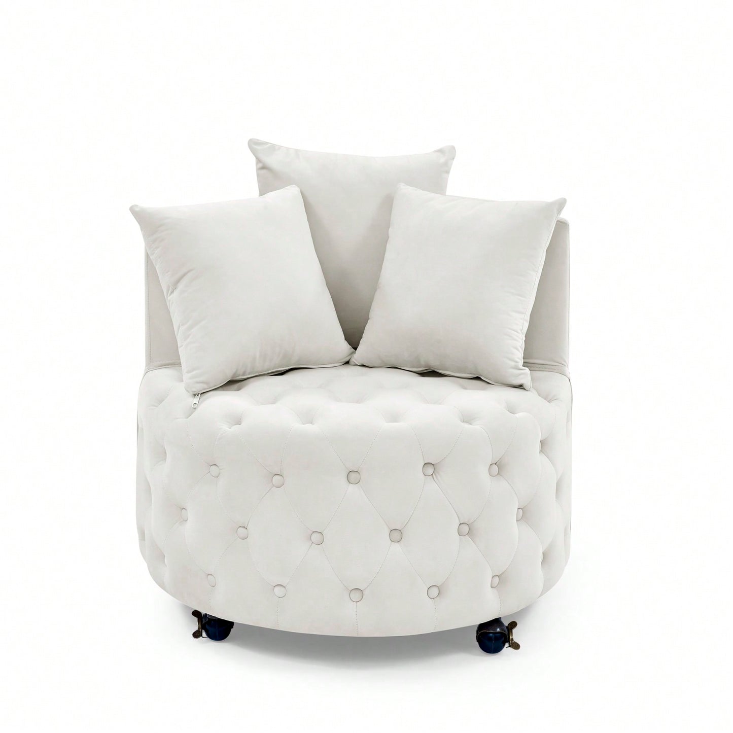 Modern Velvet Upholstered Swivel Chair With Button Tufted Design And Movable Wheels, Including 3 Pillows