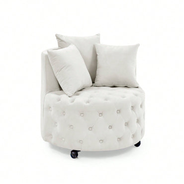 Modern Velvet Upholstered Swivel Chair With Button Tufted Design And Movable Wheels, Including 3 Pillows