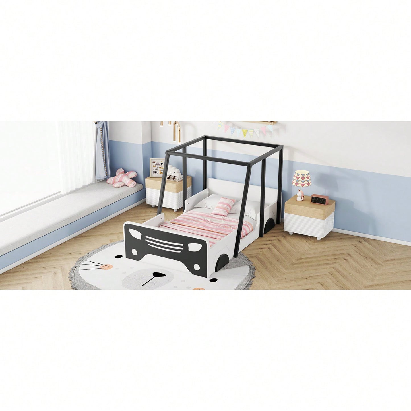 Twin Size Car-Shaped Bed With Roof,Wooden Twin Floor Bed With Wheels And Door Design