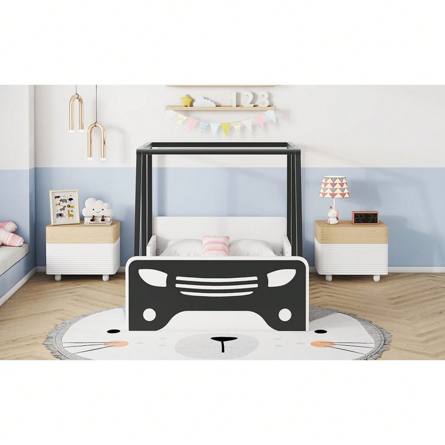 Twin Size Car-Shaped Bed With Roof,Wooden Twin Floor Bed With Wheels And Door Design