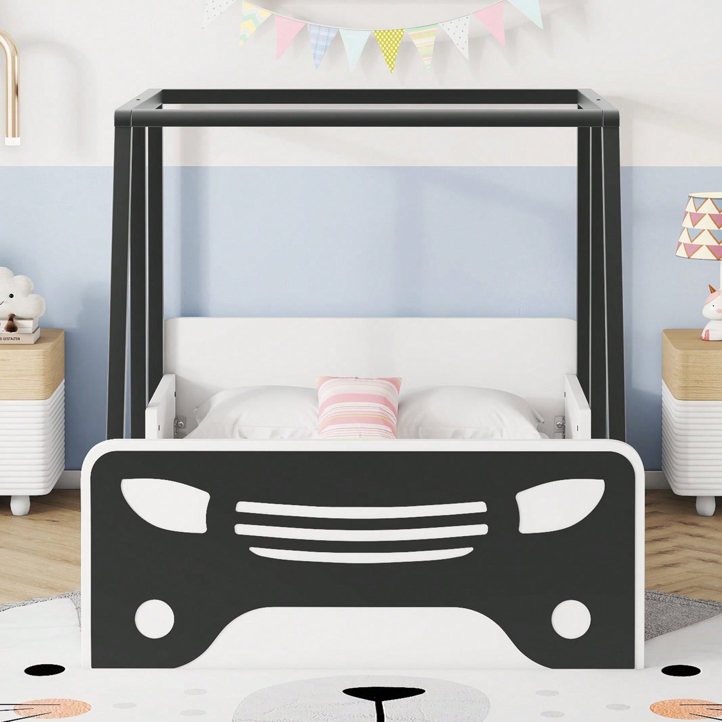 Twin Size Car-Shaped Bed With Roof,Wooden Twin Floor Bed With Wheels And Door Design
