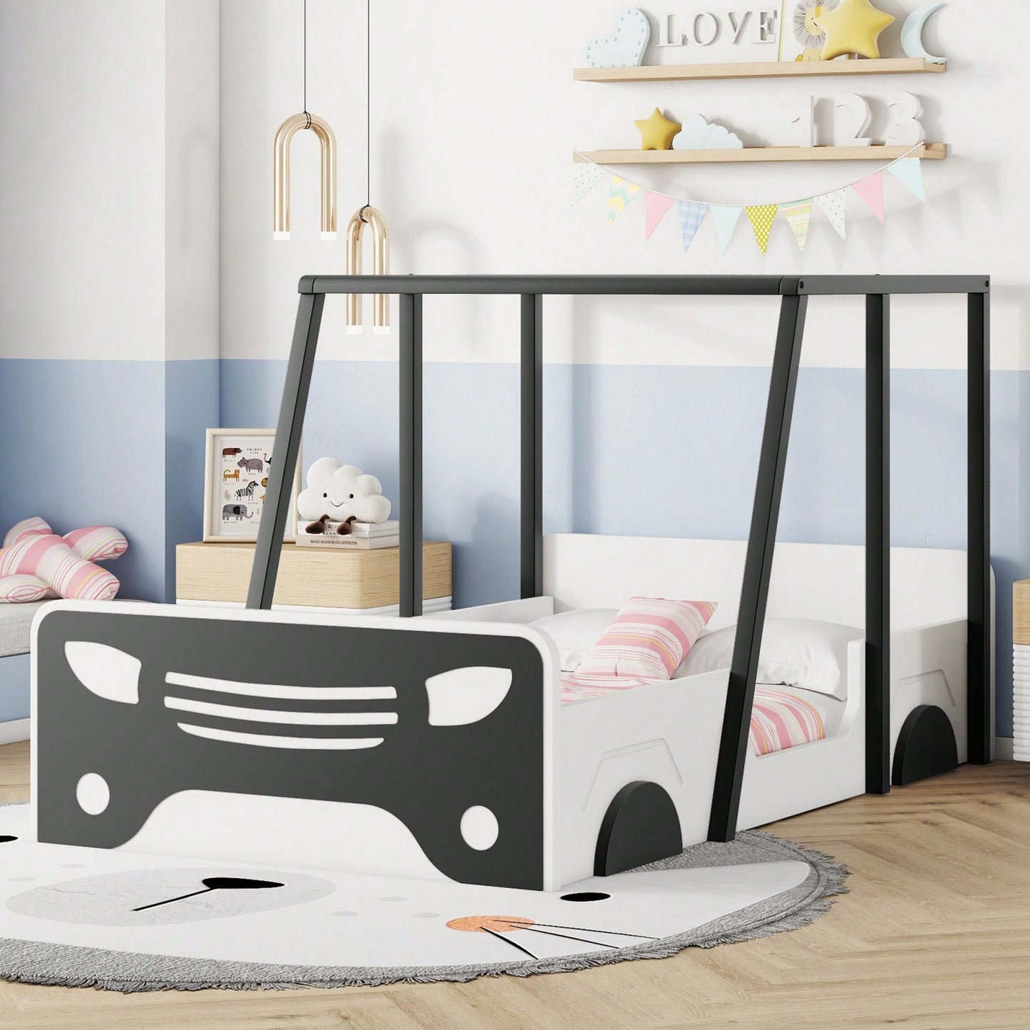 Twin Size Car-Shaped Bed With Roof,Wooden Twin Floor Bed With Wheels And Door Design