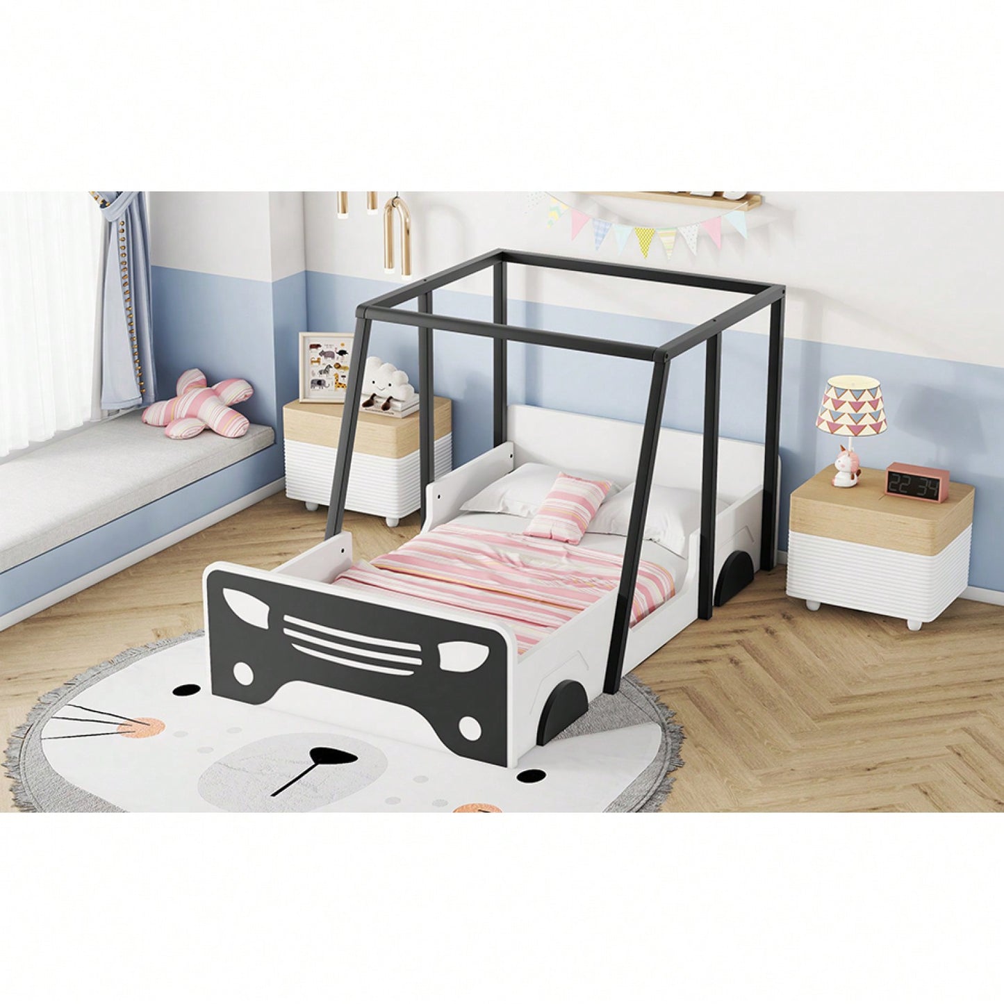 Twin Size Car-Shaped Bed With Roof,Wooden Twin Floor Bed With Wheels And Door Design