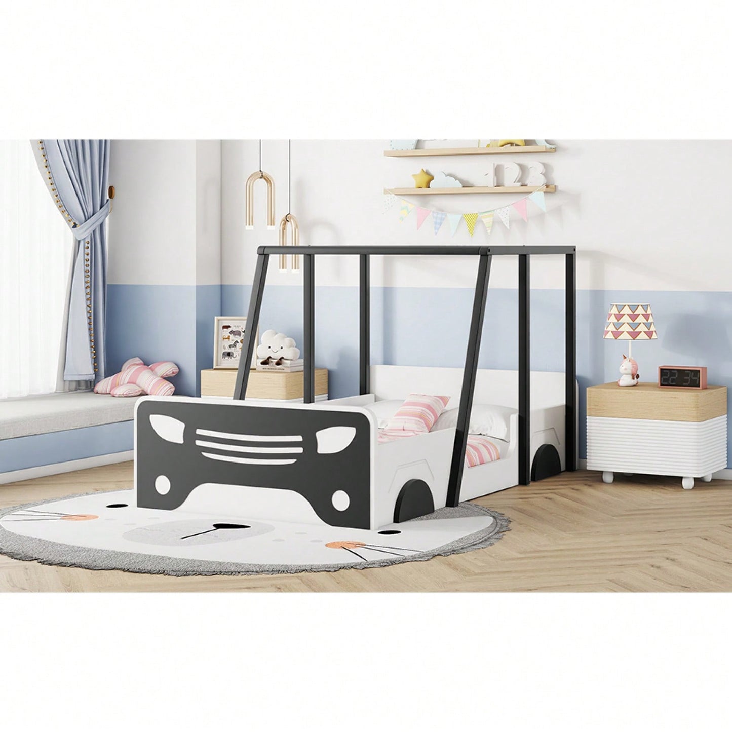 Twin Size Car-Shaped Bed With Roof,Wooden Twin Floor Bed With Wheels And Door Design