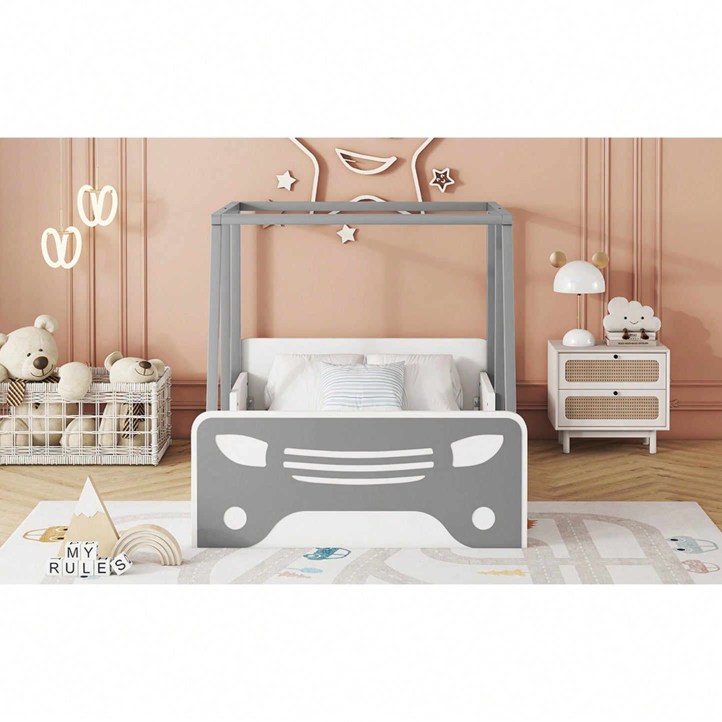 Twin Size Car-Shaped Bed With Roof,Wooden Twin Floor Bed With Wheels And Door Design