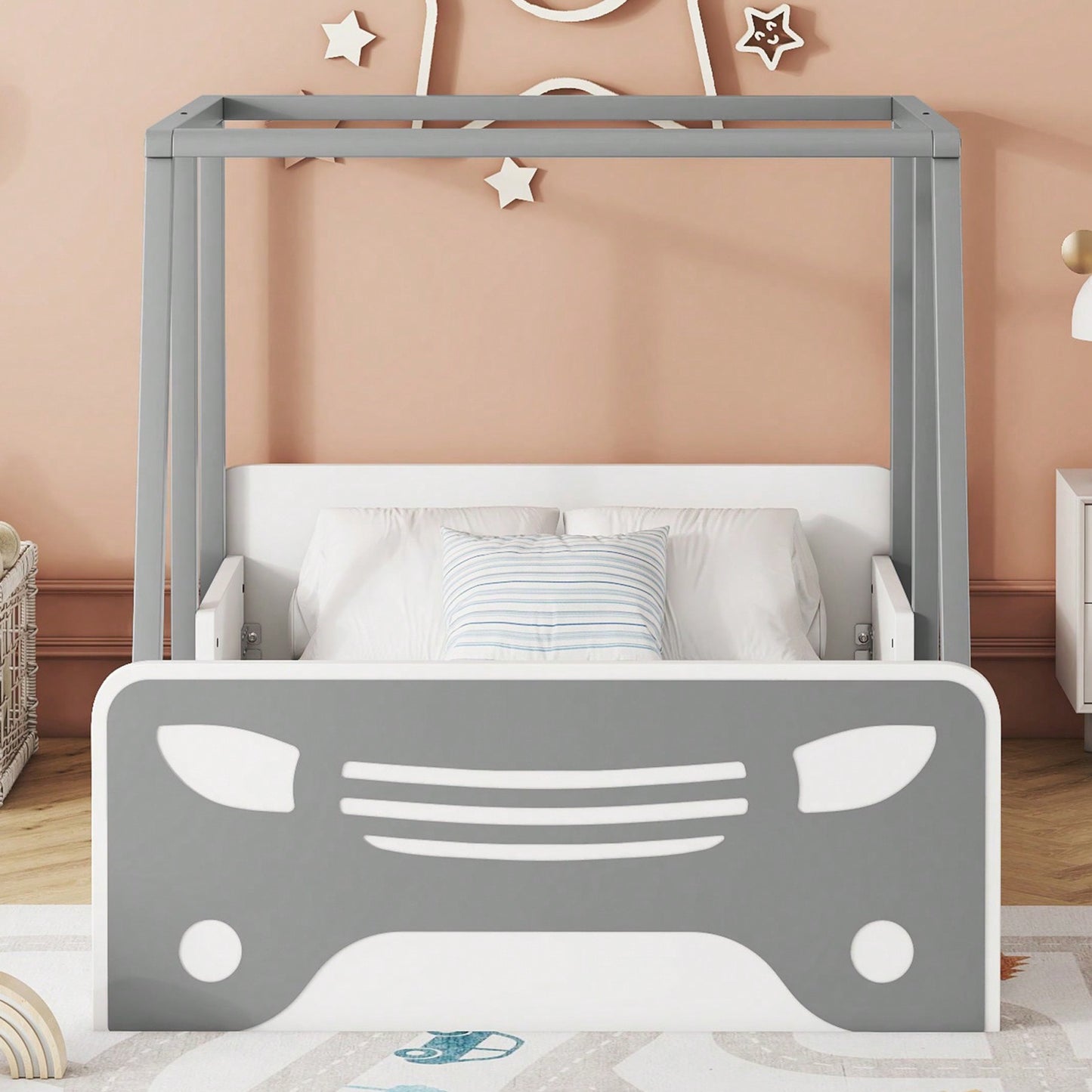 Twin Size Car-Shaped Bed With Roof,Wooden Twin Floor Bed With Wheels And Door Design