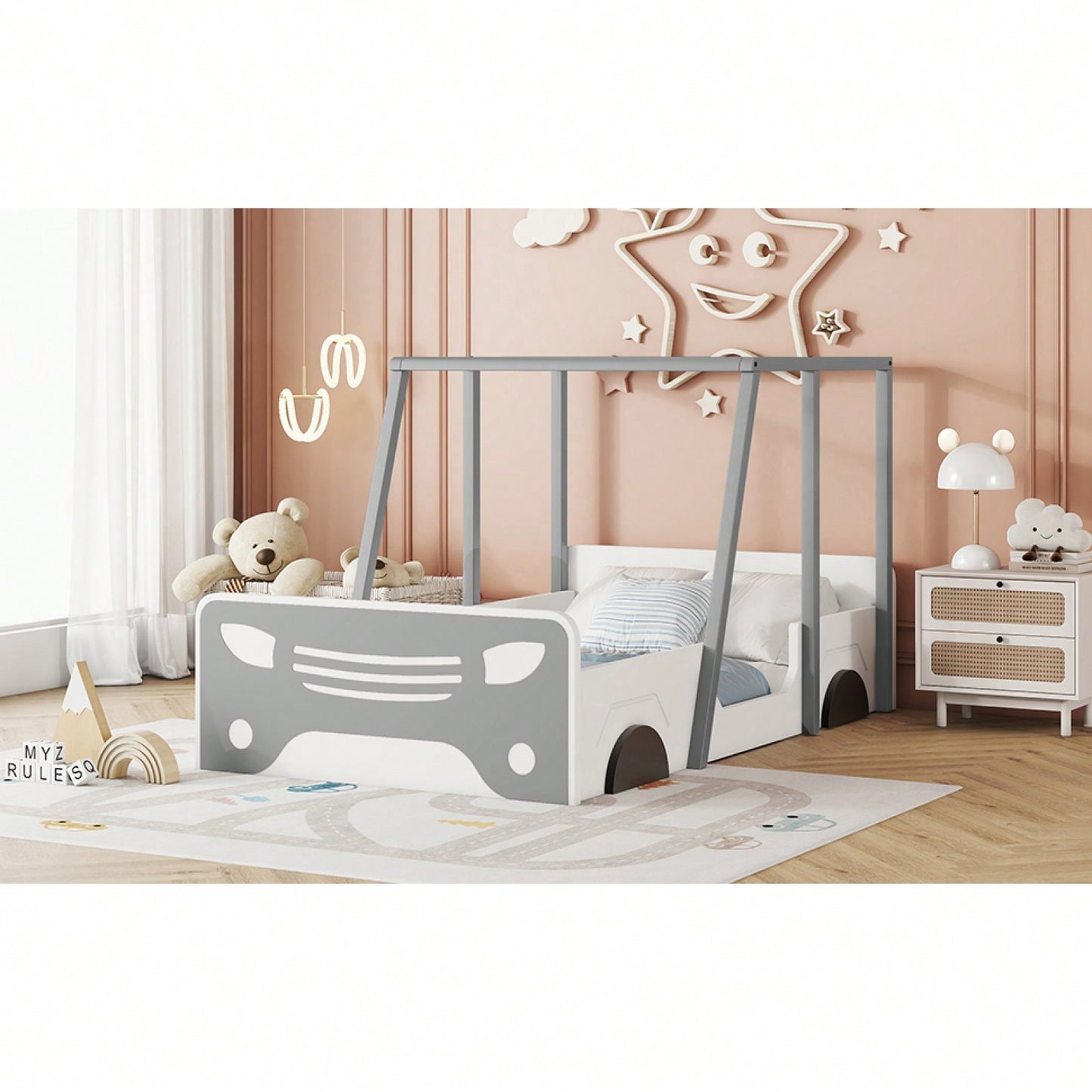 Twin Size Car-Shaped Bed With Roof,Wooden Twin Floor Bed With Wheels And Door Design